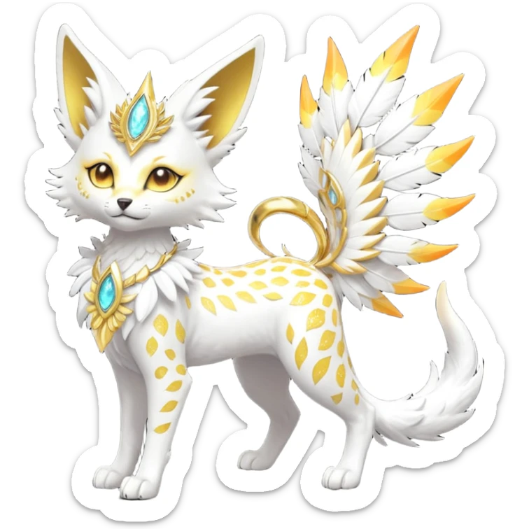 Epic complex fantasy glorious detailed futuristic divine godly angelic feathery sunny, white, albino, pastel, golden, orange glowing sparkly, realistic Fakémon-Sprigatito-Floragato-Meowscarada-Trico-Sergal-Serval-Solgaleo-Vernid-creature (full body) solarpunk, shiny sparkly with a gold laurel sticker