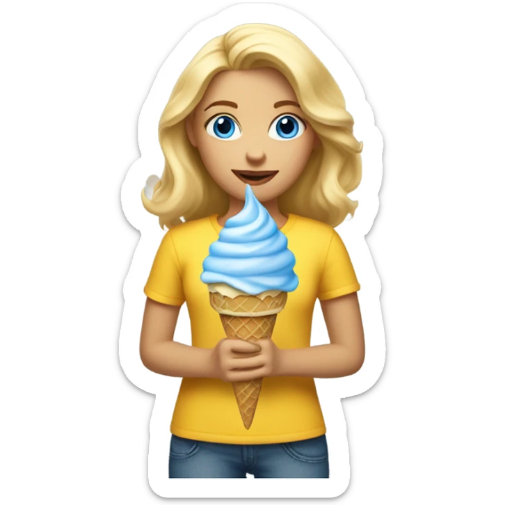 Girl with mid length blonde hair, blue eyes, yellow shirt, holding vanilla ice cream cone sticker