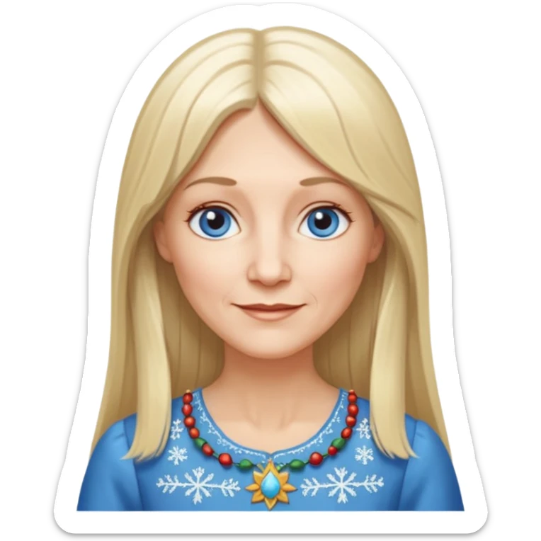 50 yr old white woman, hippie parted very long hair, short bangs, very long straight blond hair, oval face, small smile, blue eyes, thin face, hair downback, hair parted at center of head, round cheeks, pale, longer hair, white christmas dress sticker