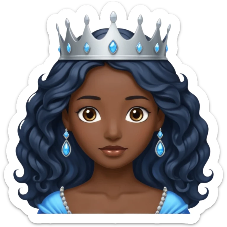Por favor hazme el emoji de la princesa pero morena con el pelo negro y ondulado y largo, los ojos marrones y la corona plateada con jollas azules sticker