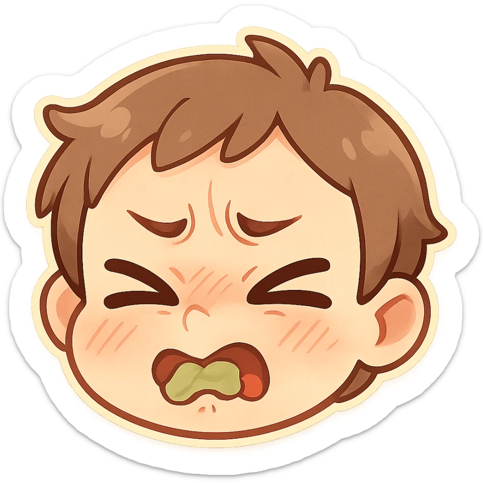 cartoon face with scrunched nose and wide eyes, showing regret after tasting something bad, no text sticker