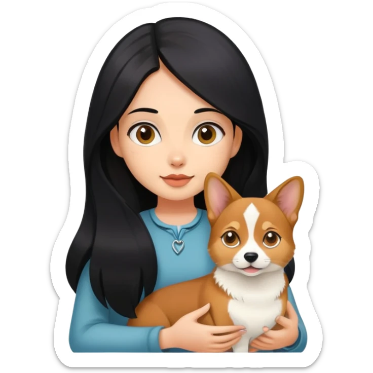 The girl with long black hair holding a corgi and a Abyssinian cat sticker