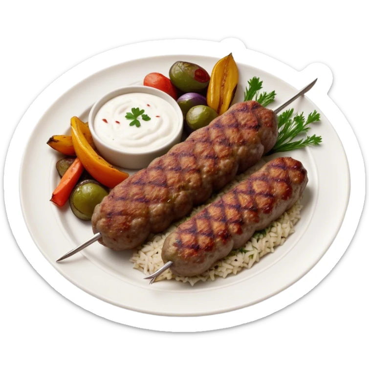 Cinematic Realistic image of a long, hand shaped Turkish Köfte, rendered with richly spiced meat textures and subtle grill marks, artfully arranged on a traditional Turkish ceramic plate alongside classic sides such as a serving of aromatic pilaf, crisp grilled vegetables, and a dollop of creamy yogurt, all bathed in warm, appetizing lighting that emphasizes its savory allure. sticker