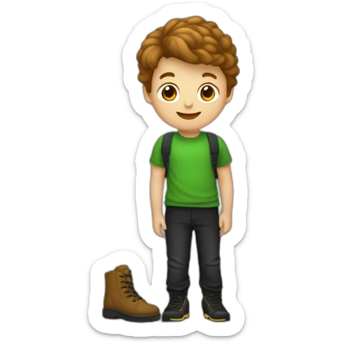 jongen met een bruine huisdkleur en groen en t-shirt en zwarte broek en zwarte schoenen sticker