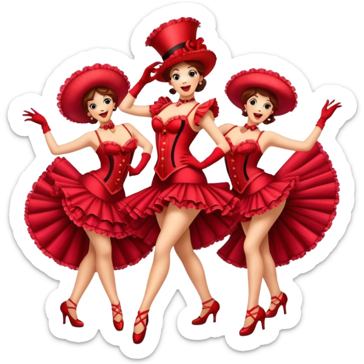 Cinematic Realistic Can-can Dance Emoji, depicted as a lively cabaret dance scene with flouncy costumes and dynamic energetic movement, rendered with vibrant textures and playful theatrical lighting that captures the spirit of French cabaret. sticker