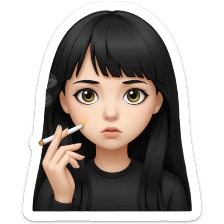 teen girl with long black hair and straight bangs, big eyes looking tired, not smiling, all black clothes, smoking cigarette sticker