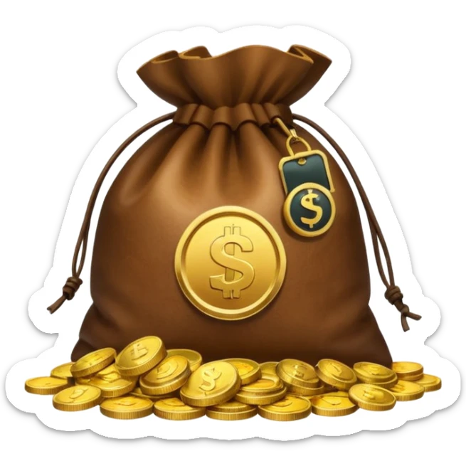 bag of money with a video play button icon on the bag, no dollar sign, with a pile of coins at the side sticker