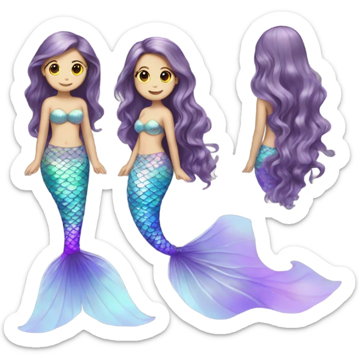 Iridescent mermaid tail full body white girl long hair brown and purple sticker