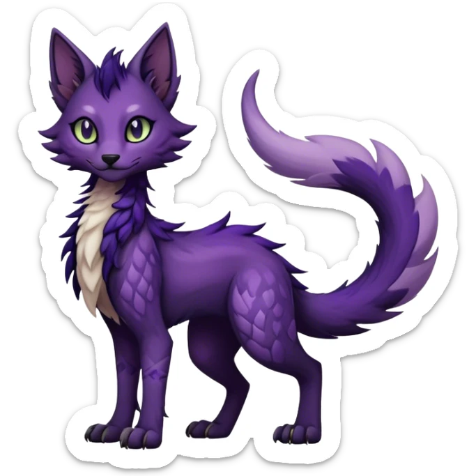 Kawaii dark purplish blackish edgy fantasy ethereal feline-vernid-sergal-fursona animal creature with a tufted tail full body with intricate markings  sticker