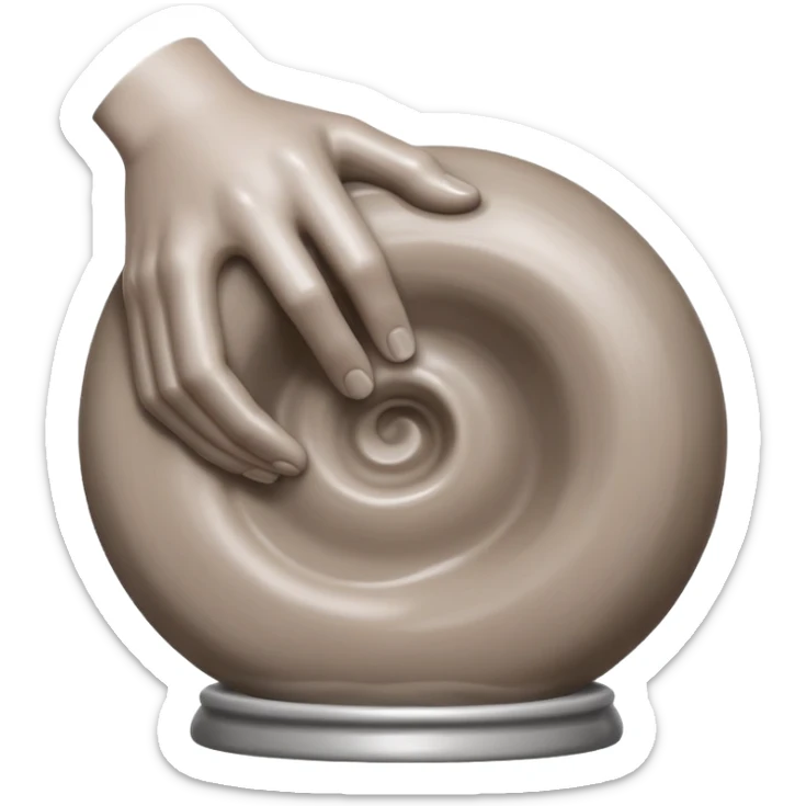 one hand hugging on the right side of a blob of clay on a silver pottery wheel sticker