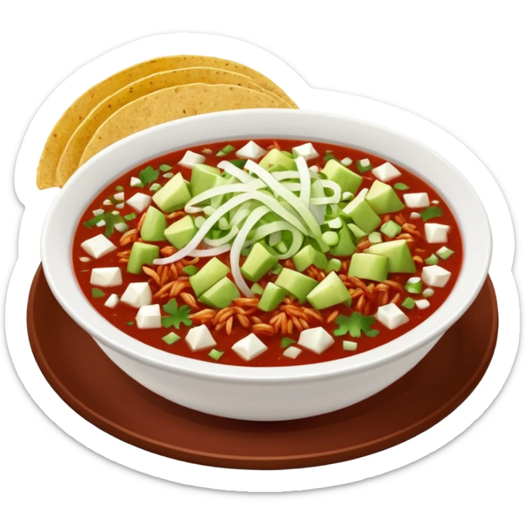 A delicious hot bowl of pozole rojo with separate sides next to the bowl: white chopped onions, green shredded cabbage, lime wedges, red chile de arbol salsa, and round tostadas sticker