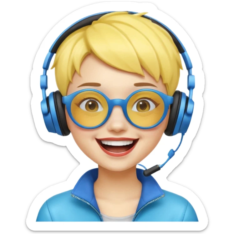 yellow-skinned girl with blue ombre short hair, wearing futuristic glasses and wireless headphones, laughing loudly sticker
