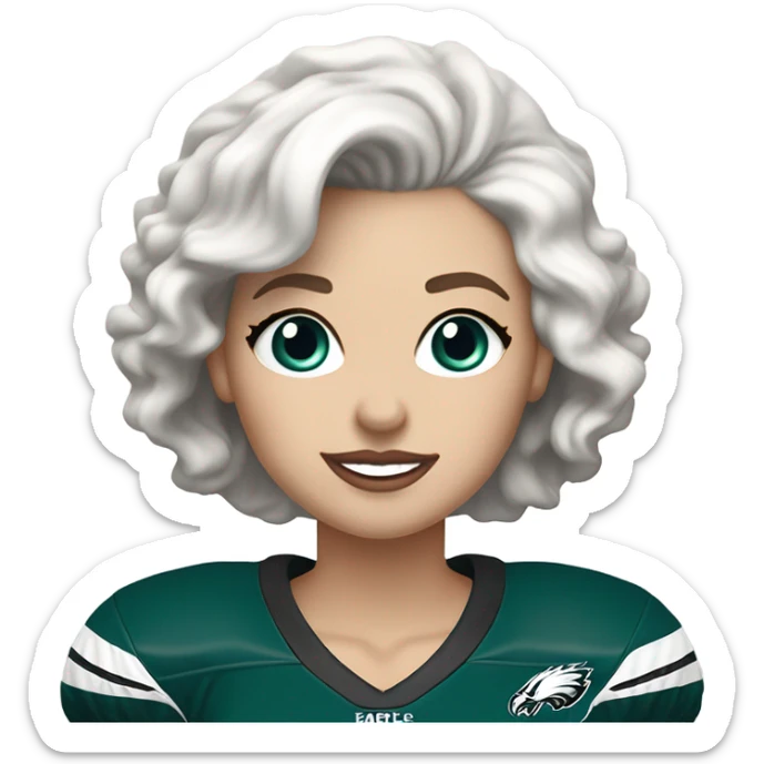 White female blue eyes light skin light lips white hair short hair wavy hair wearing Philadelphia eagles jersey cheering sticker