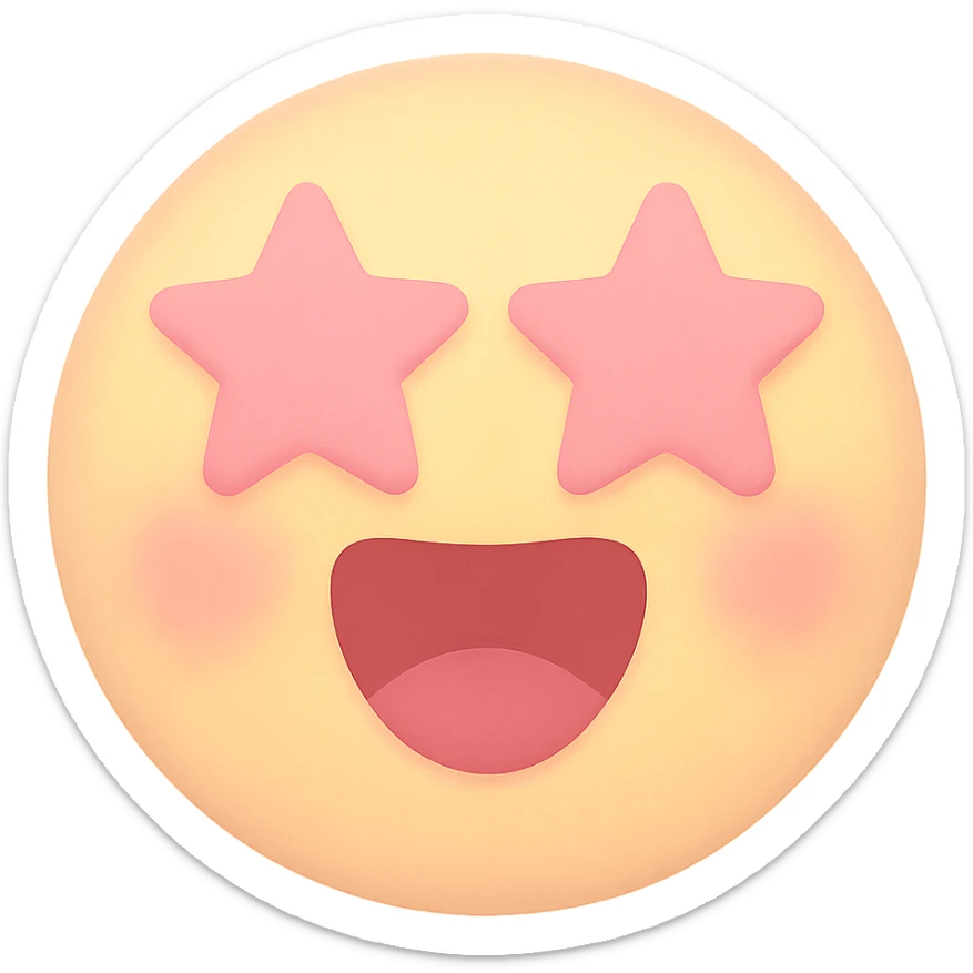cute emoji, round face, star eyes, open mouth, excited, pastel yellow and pink sticker