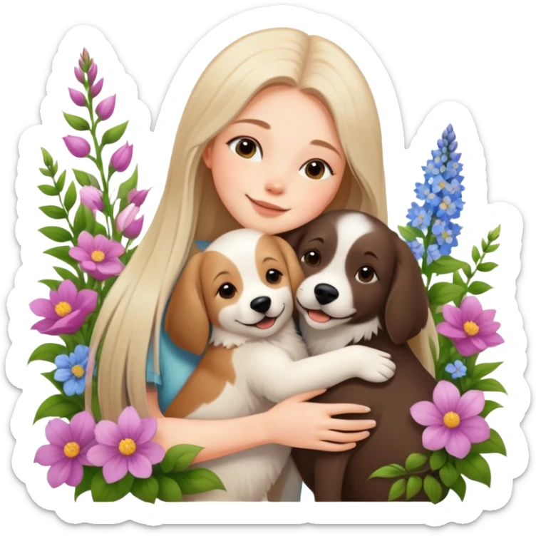 A beautiful girl with long straight hair happily hugs an Alaskan dog in the flowers sticker