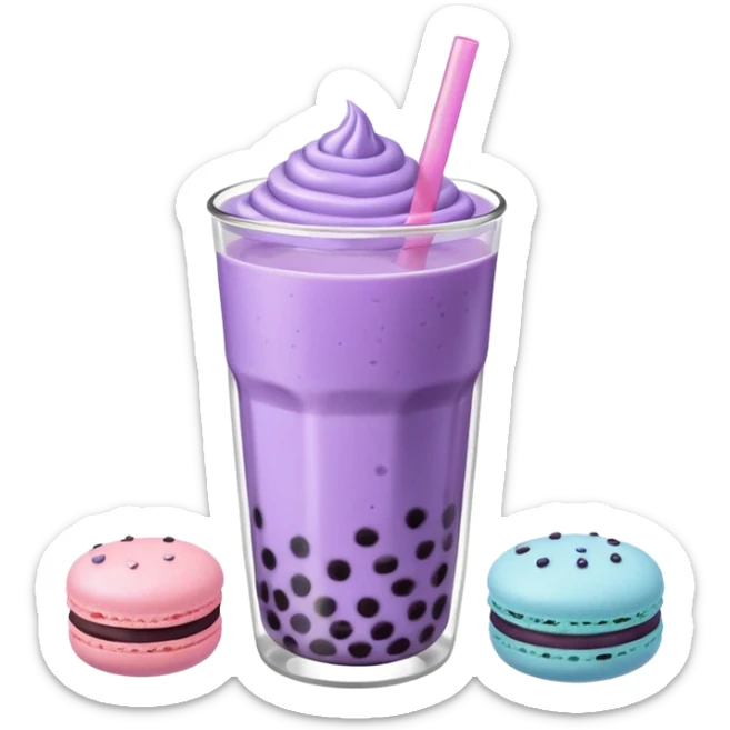 purple boba tea emoji with a macaron on the side, no eyes or face, simple and clean sticker