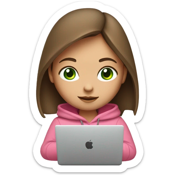 A girl with brown long hair, fair skin and green eyes, working at a modern laptop in a plain pink hoodie sticker