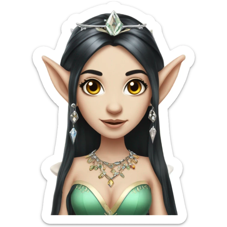 elf princess with pointy ears, white skin, black hair with jewellery,  sticker