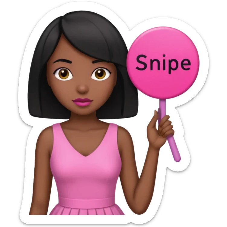 Dark skin woman with black bob in hair holding sign that says snipe  wearing pink dress  pink sign  sticker