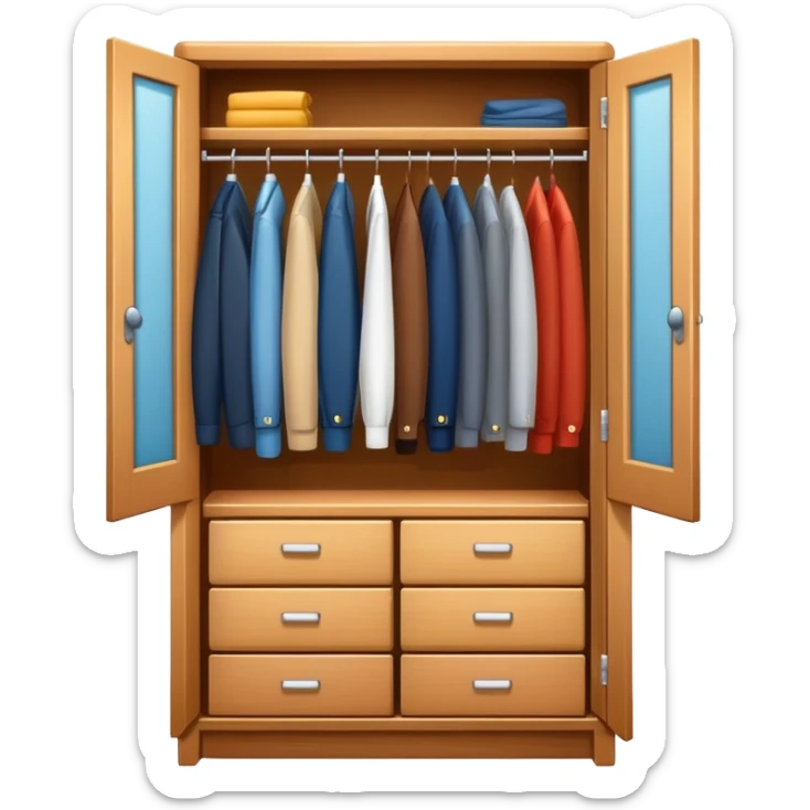 Cute closet or wardrobe with door ajar revealing organized professional clothing on hangers sticker