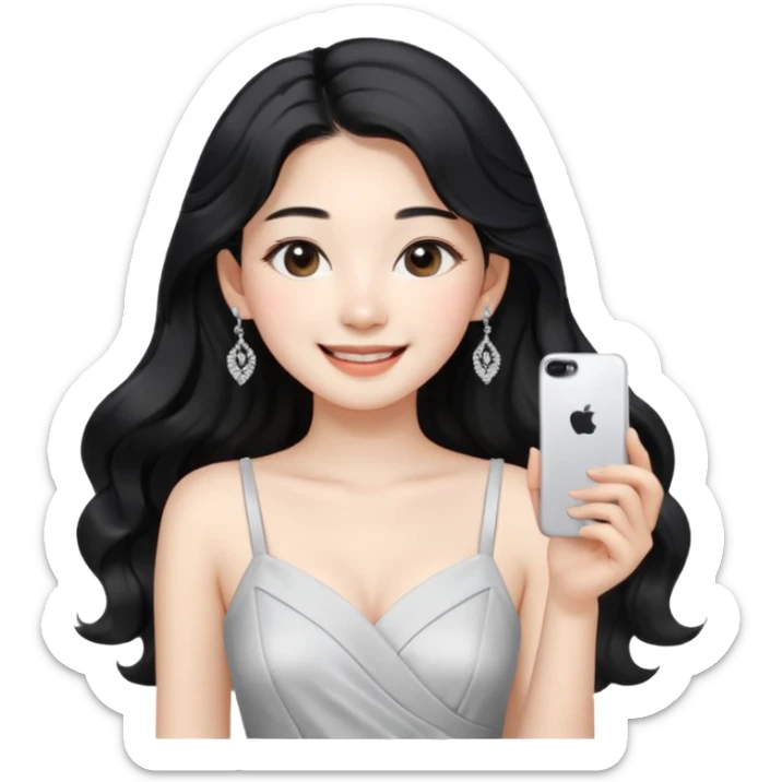 Korean 24-year-old female online shopping mall seller / white face / earrings / smiling expression / long wavy hair / influencer vibe / fashionable / black hair / silver earrings / white dress sticker