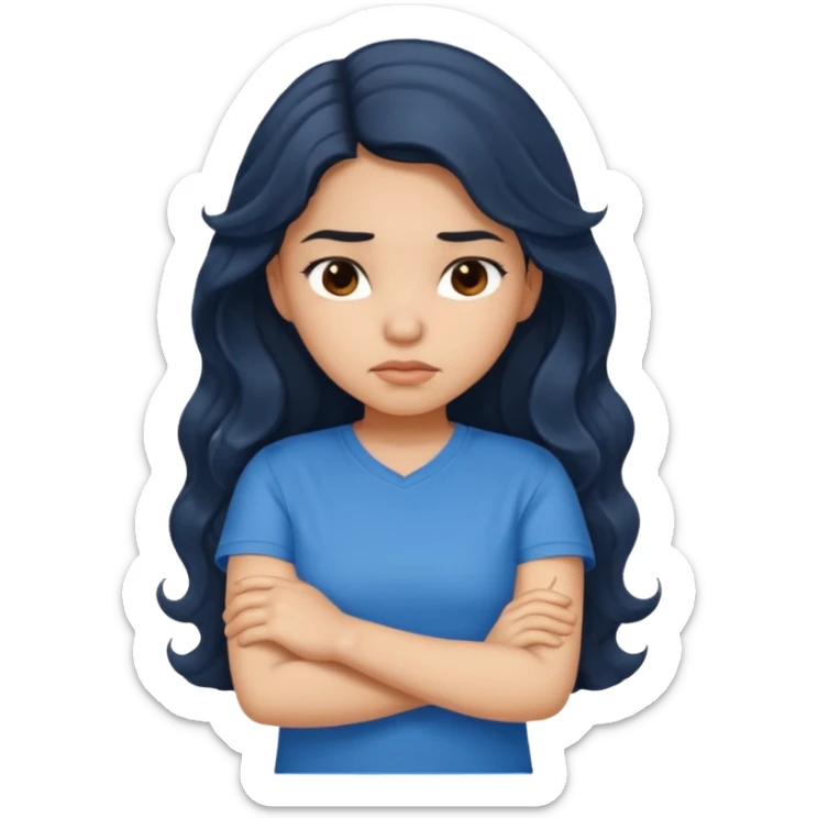 Hispanic girl with long dark wavy hair crossing her arms and slightly pouting sticker