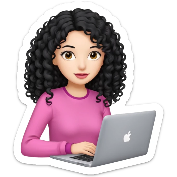 pretty brunnet woman with pink clothes and long mid length black curly hair with laptop  sticker