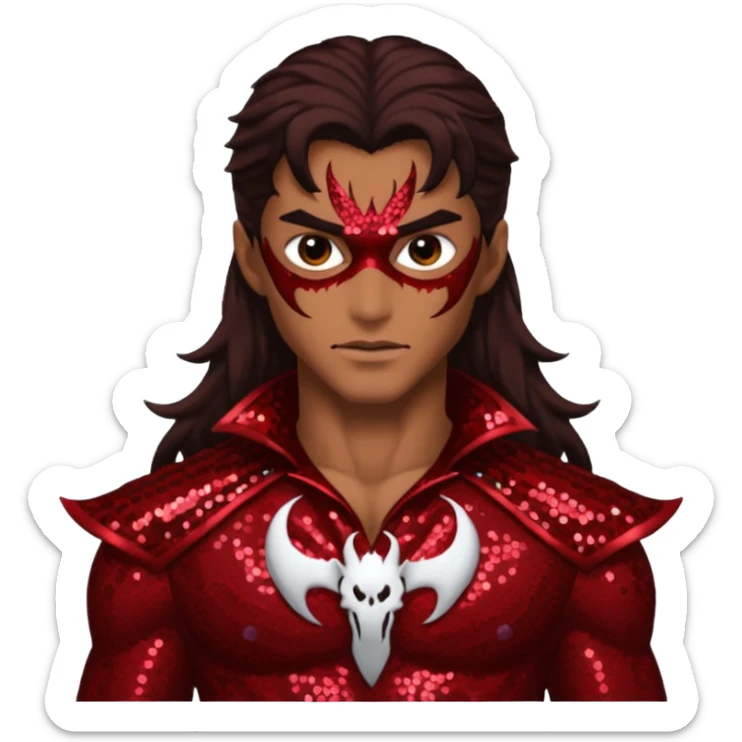 Samael, Venom of God from Gods and Goddesses with tan skin, long dark brown hair, dark red sequin outfit sticker