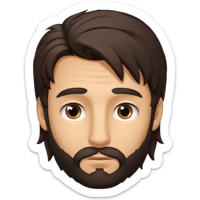 Handsome white man with big brown eyes long nose and dark brown messy hair cover his forhead and hair coming in eyes very small beard sticker