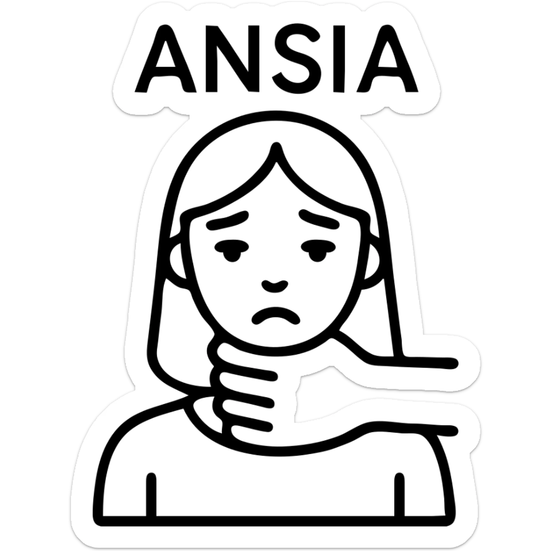 Stylized woman in black and white with a worried face, a black hand gripping her neck, text 'ANSIA' above the head, oppressive atmosphere, similar style to the reference, variant 6. sticker