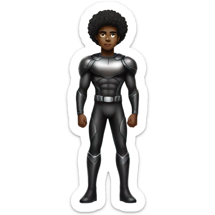 Muscular Afro teenage boy in a black Cyborg superhero costume standing on a spaceship. sticker