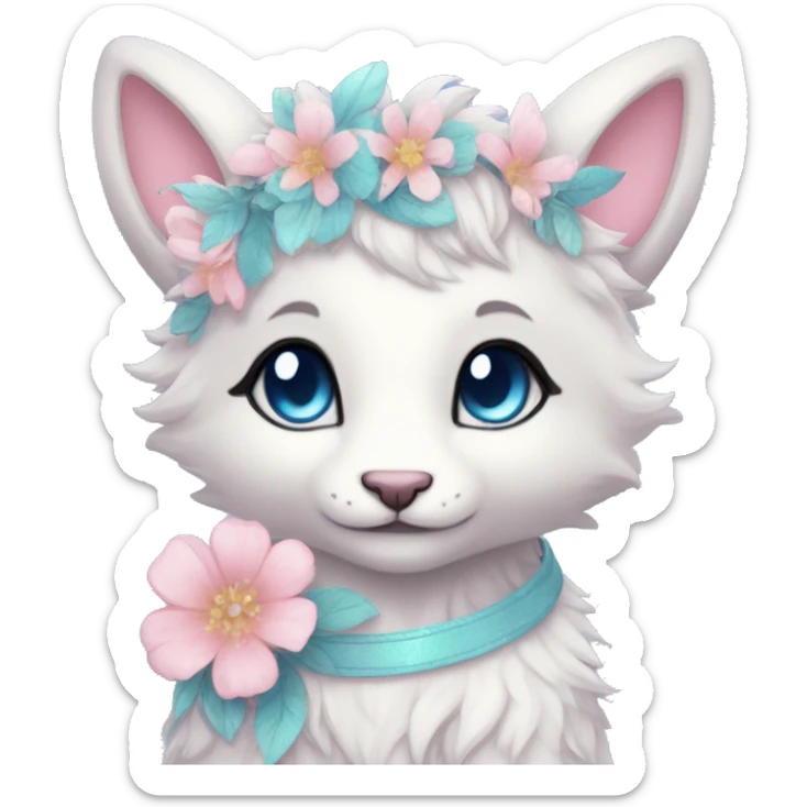 Anthro Cute Cool Pastel Kawaii gorgeous sparkly ethereal fantasy animal creature with blue eyes furry sona with flowers and ribbons beautiful aesthetic sticker