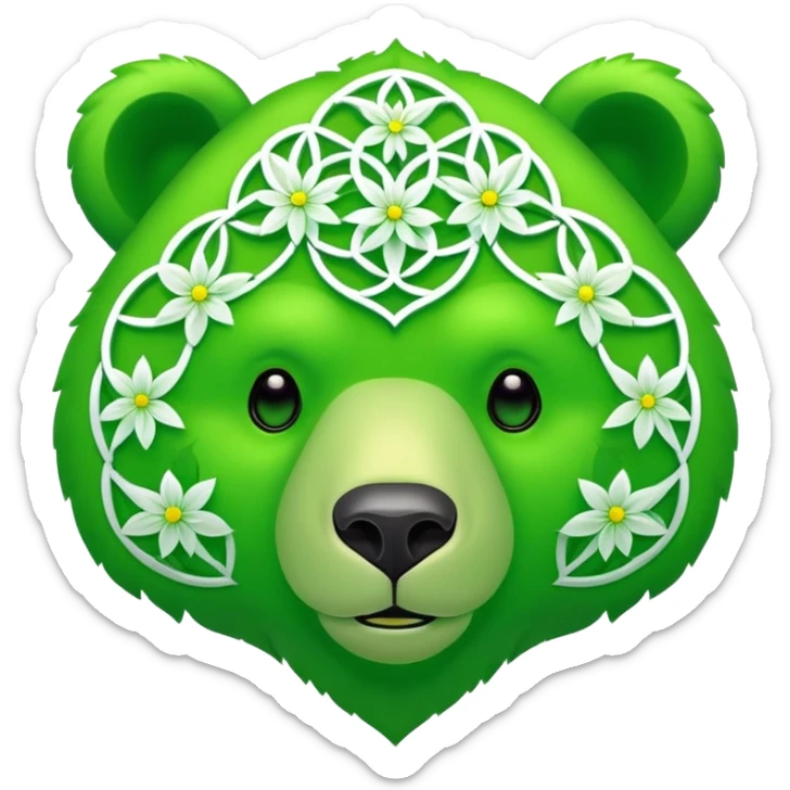 neon green bear face with the flower of life on its forehead sticker