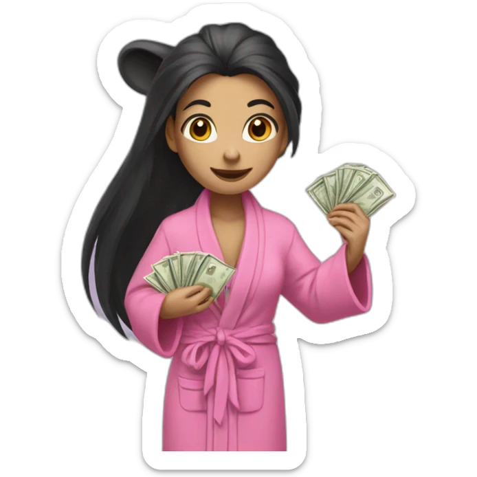 a rat female with a pink bathrobe and long black hairs, holding a bunch of money sticker