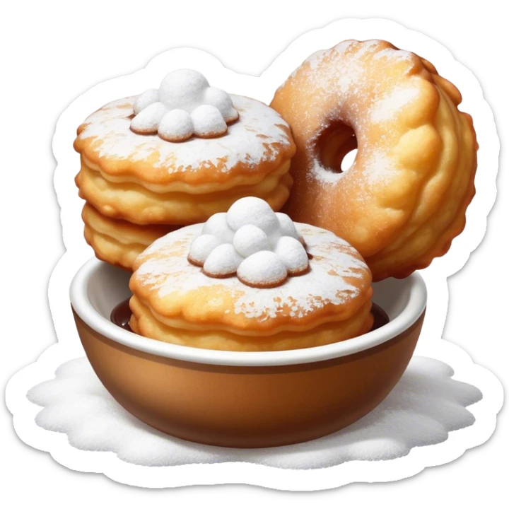 Buñuelo Cinematic Realistic Buñuelo Dessert Emoji, depicted as perfectly round, fluffy fritters served in a small bowl with a dusting of powdered sugar, rendered with vibrant textures and warm, inviting lighting. sticker