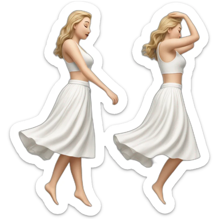 Hyperrealistic Full body Caucasian curvy beauty jumping white skirt back and front views strong wind sticker