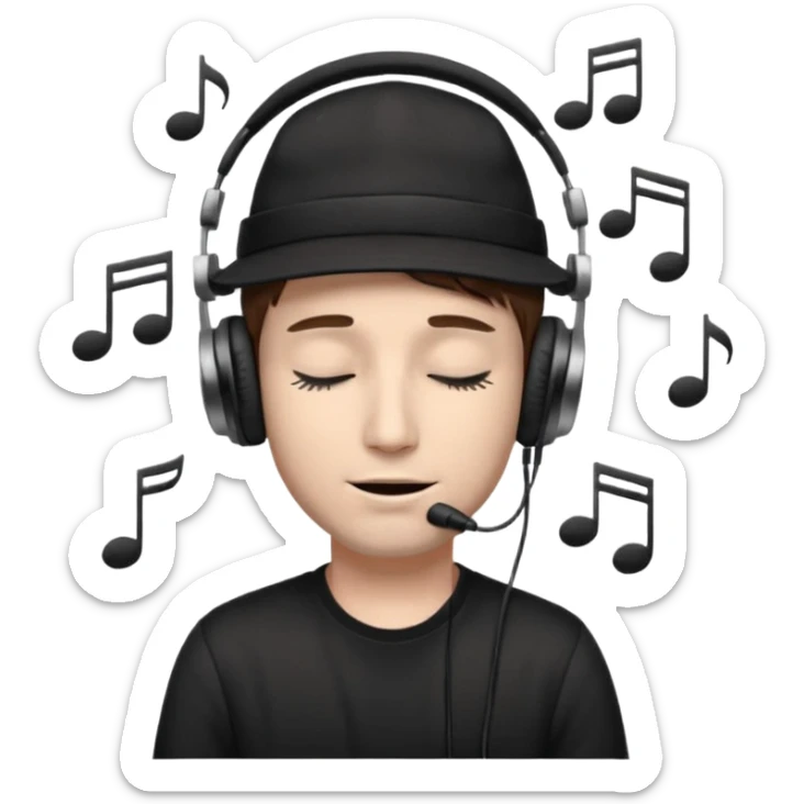 dj man white with baseball cap - rayban glasses - brown hair - closed eyes with headphones on with musical note over head (listening to music ) - eyes closed no glasses - black hat  musical notes floating around head - NO GLASSES sticker