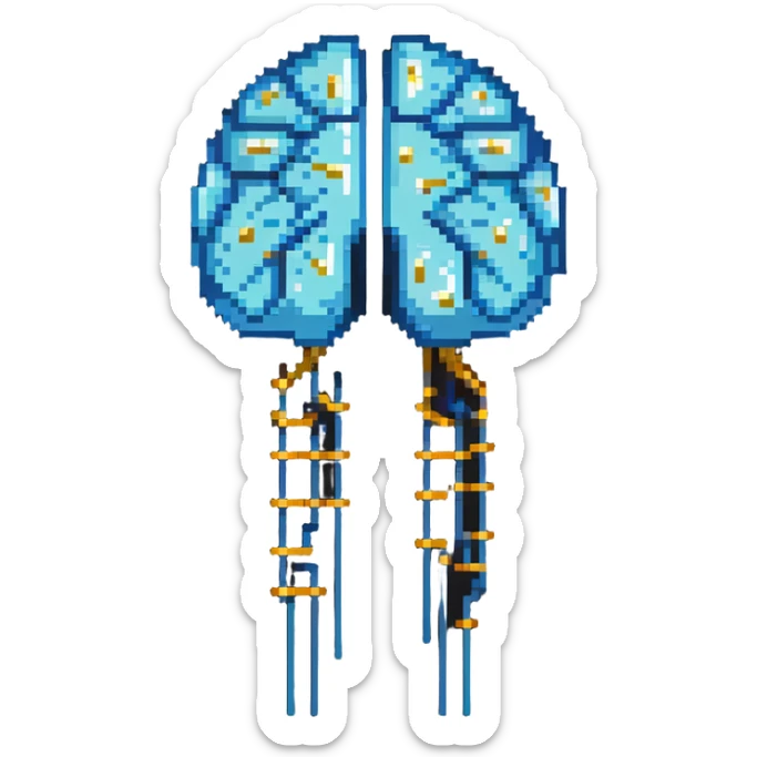 Pixel art of a pearlescent blue capsule floating in front of a brain with golden pixel pulses forming neural connections. A small liver icon nearby, all rotating in a pixelated aura of mental focus sticker