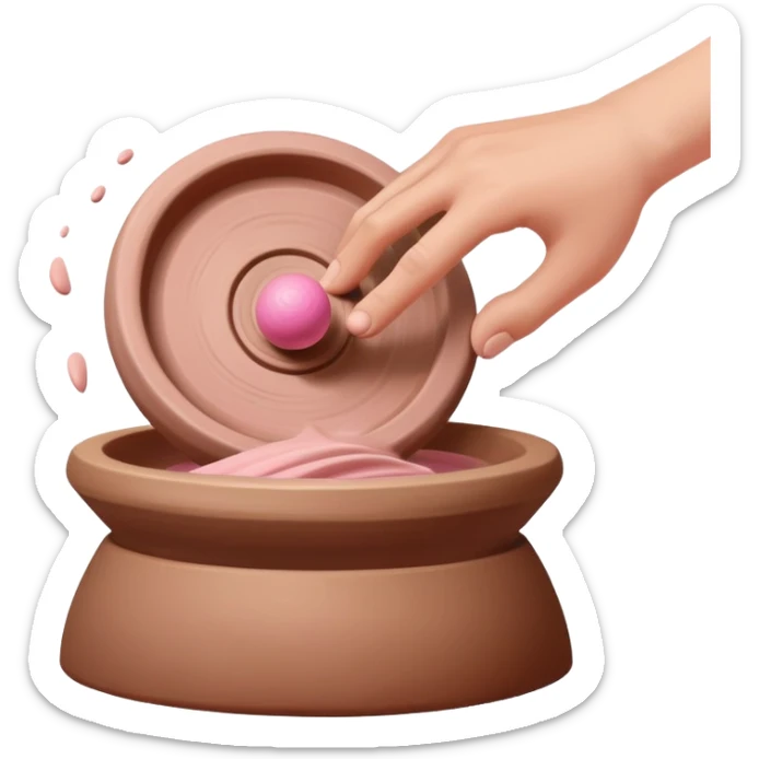 one hand throwing a pink ball of clay onto a spinning pottery wheel sticker