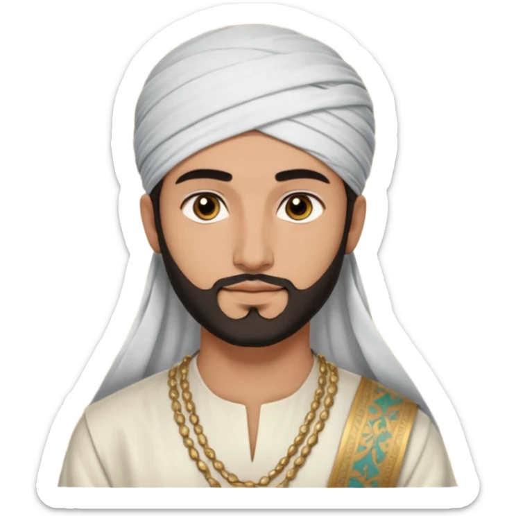 
-Apariencia: Joven de unos 25-30 años, atractivo,.
-Rostro: Ojos oscuros, piel ligeramente morena, rasgos árabes finos.
-Cabello: Negro, algo rizado o suelto, con barba fina.
-cuerpo entero  puede llevar una túnica más oriental, con faja y turbante sencillo sticker