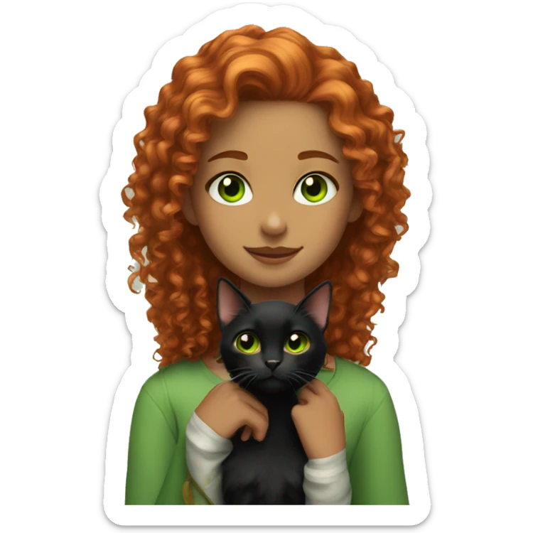 girl with copper curly hair and black cat with green eyes sticker