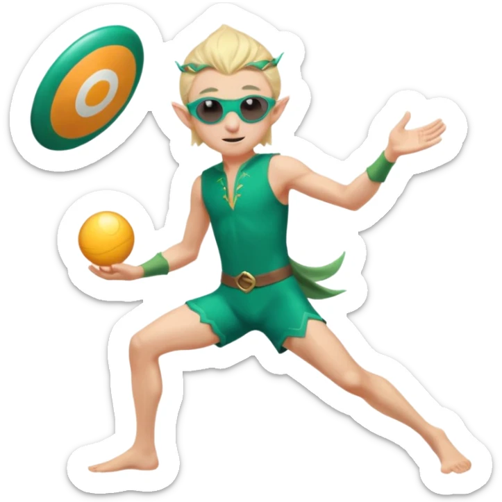 elf male legolas launching a frisbee woven from pure sunlight, wearing sporty teal swim shorts and performance sunglasses, pointy ears, centered emoji sticker