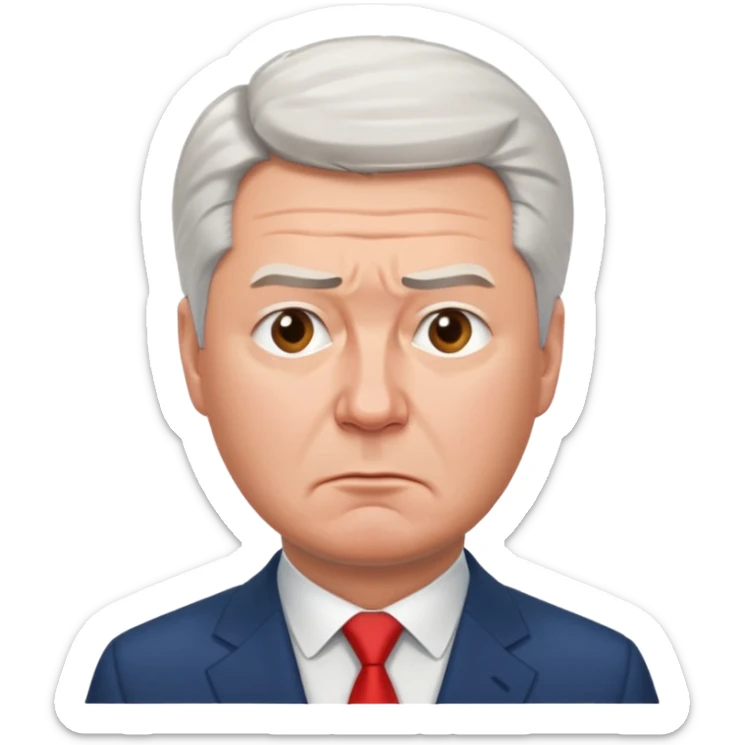 Sad emoji of Sergey Sobyanin, mayor of Moscow, looking upset and disappointed, cartoon style, expressive face, simple emoji design sticker