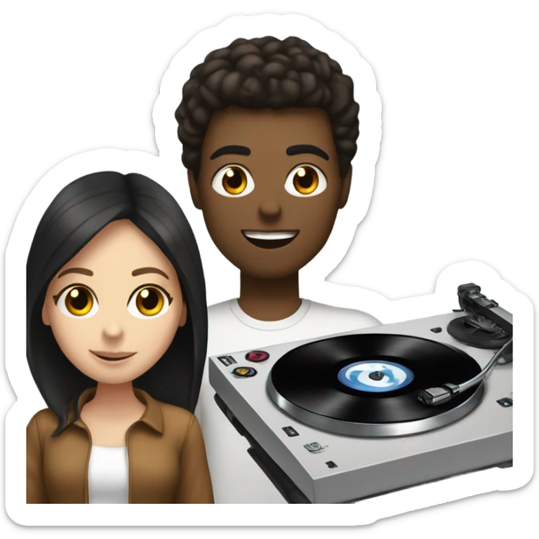 3 people: a white girl with dark hair, a brown girl, and a white guy behind DJ turntables together sticker
