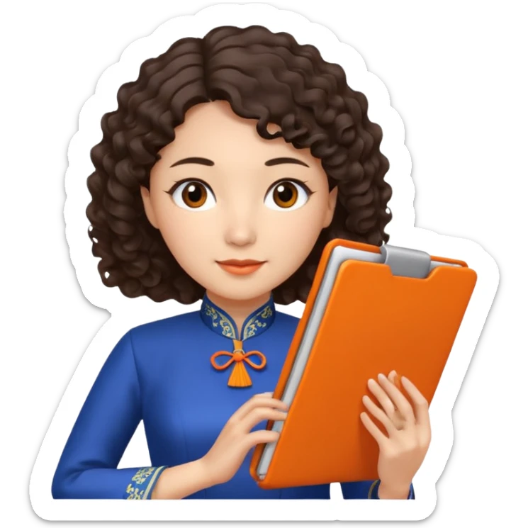 Teacher emoji but : curly/wavy dark brown hair, light skin, no glasses, dark eyes, with a computer folder in the hand (color is orange), being a teacher, wearing a chinese qipao ( dark blue)

 sticker