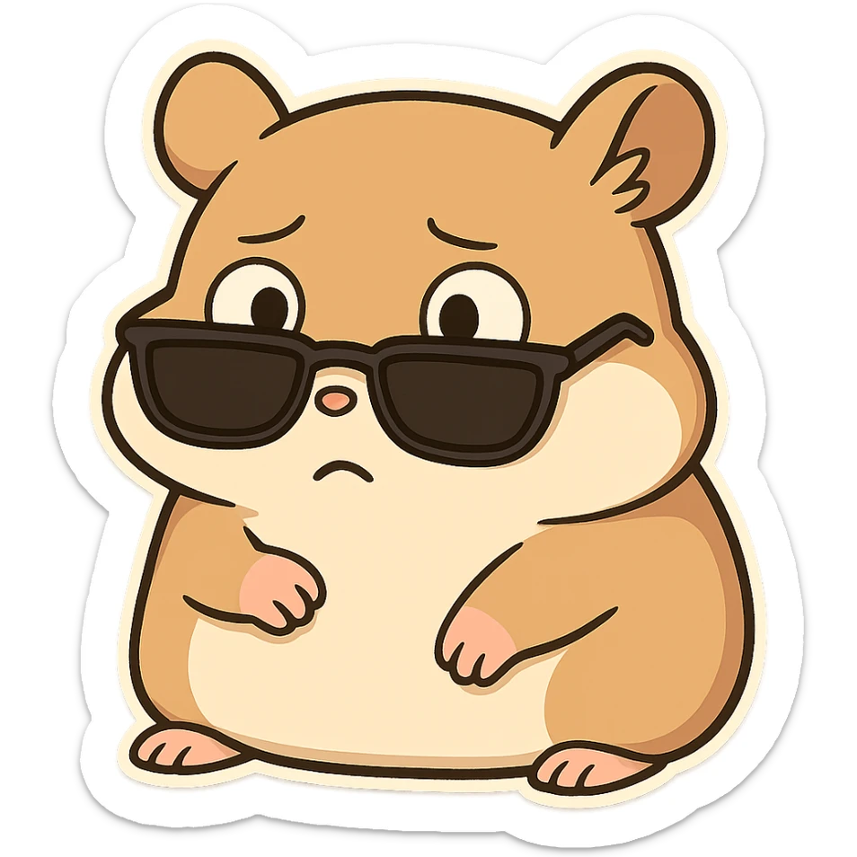 A hamster wearing sunglasses, the sunglasses have slipped down to the bottom of the eyes, the hamster has a dull look, is frightened, and looks incredulous sticker
