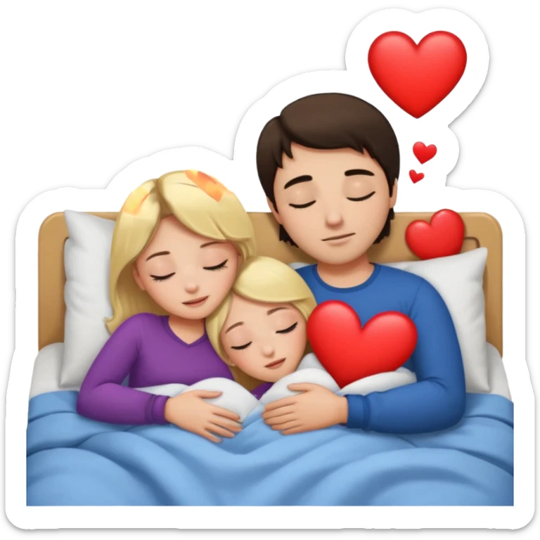 cuddling in bed, asleep. blonde girl. brunette man. eyes closed. heart between them. sticker