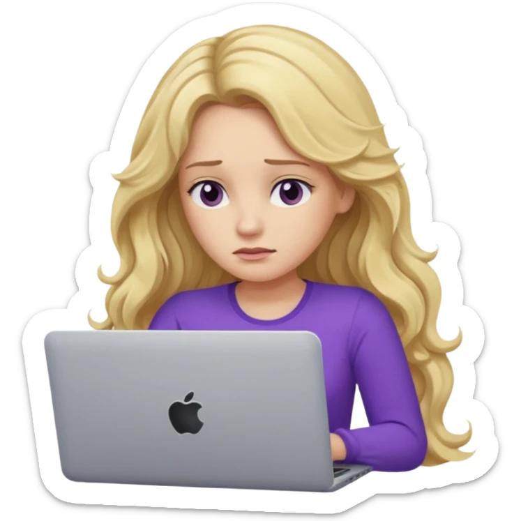 lady with long blonde wavy hair, purple top throwing her with a laptop looking tired sticker