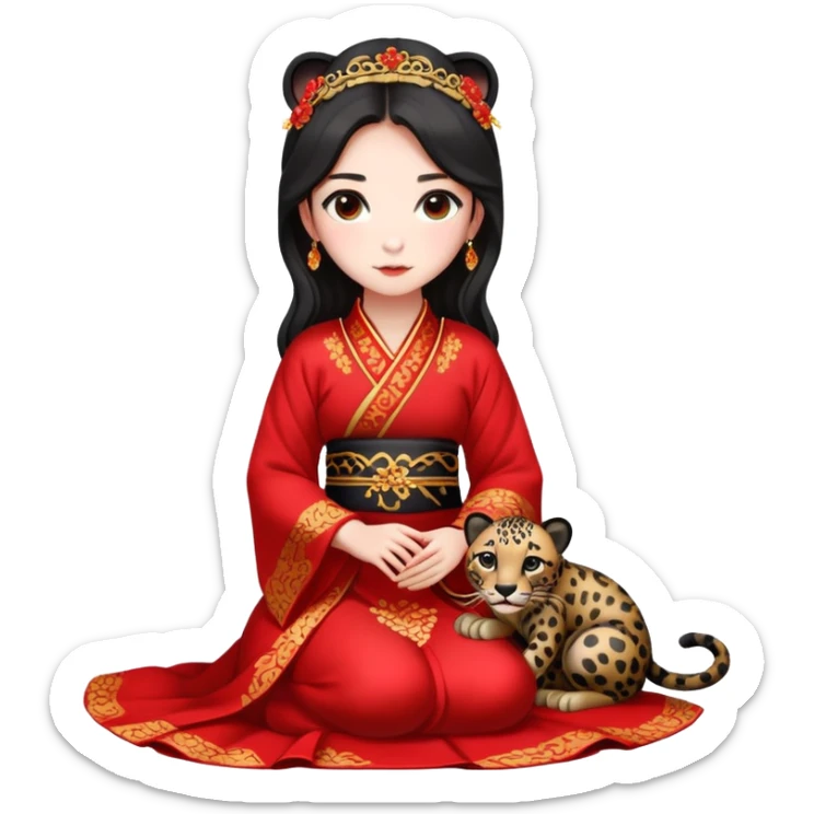 A beautiful girl in red Hanfu wedding dress sits on the ground holding a black leopard sticker