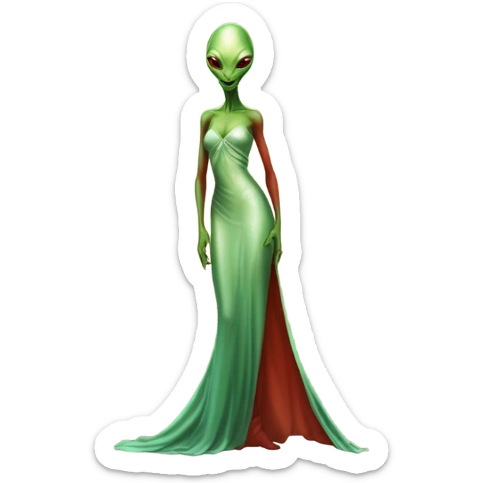 reptilian green alien woman, in long slim pastel orange formal party satin dress with gradient shiny sparkling dark red, full figure, full body sticker